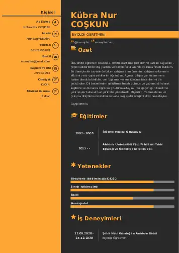 Biyoloji Öğretmeni CV Örnekleri cv indir